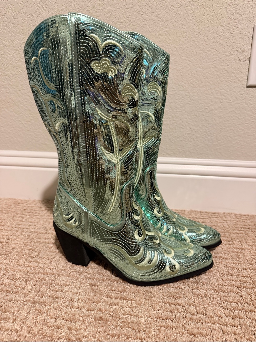 Mint Green Sequined Embroidered Western Boots